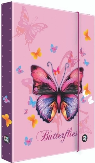 Caja para cuadernos A5 Mariposa – archivador laminado morado con goma elástica