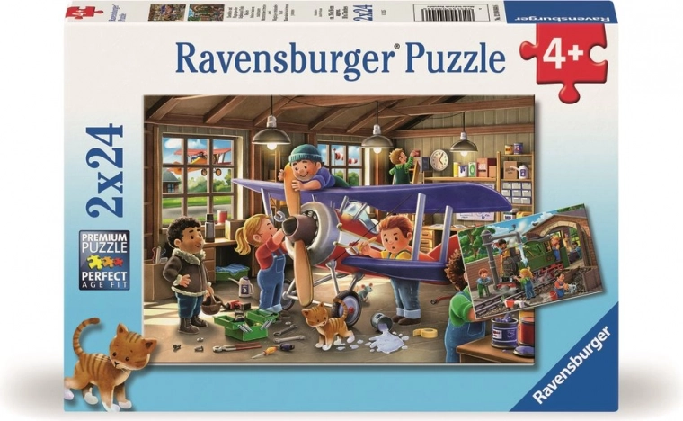 Puzzle Ravensburger conviértete en mecánico de aviones y trenes 2x24 piezas