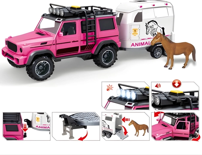 Coche, remolque y figura de caballo en un solo set