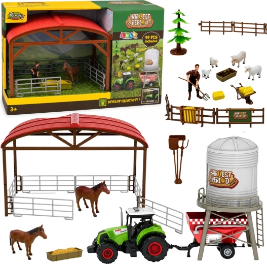 Granja con tractor, establo y silo – set de juego de 49 piezas con LED y sonido