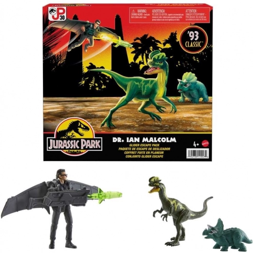 Jurassic World – set de figuras de Ian Malcolm con compañeros dinosaurios y planeador