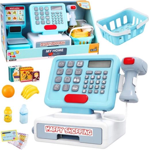 Caja registradora infantil interactiva con escáner, cesta y alimentos
