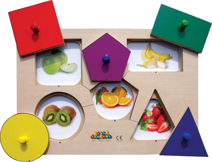 Just Jigsaws rompecabezas de madera en tablero Formas y memoria, 6 piezas y 4 plantillas