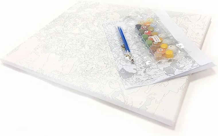 Set completo: lienzo, pinturas, pinceles y modelo de referencia