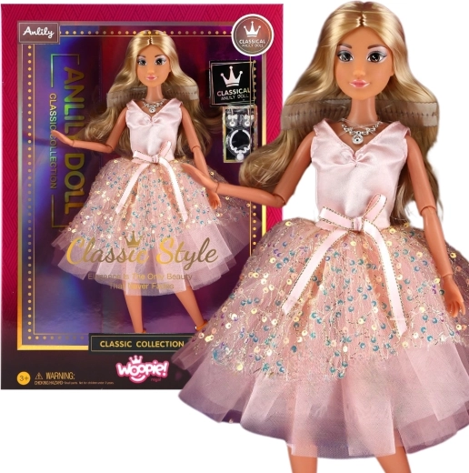 Muñeca Lily 30 cm con pelo rubio largo con vestido rosa y joyería