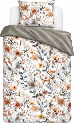 Ropa de cama de satén de algodón Milagro Verde Boho con flores beige y gris 140 × 200 cm