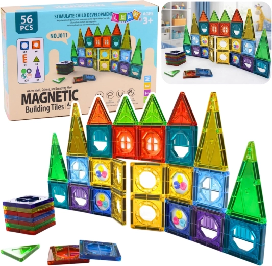 Construcciones magnéticas 3D con ventanas, paneles coloridos, 56 piezas