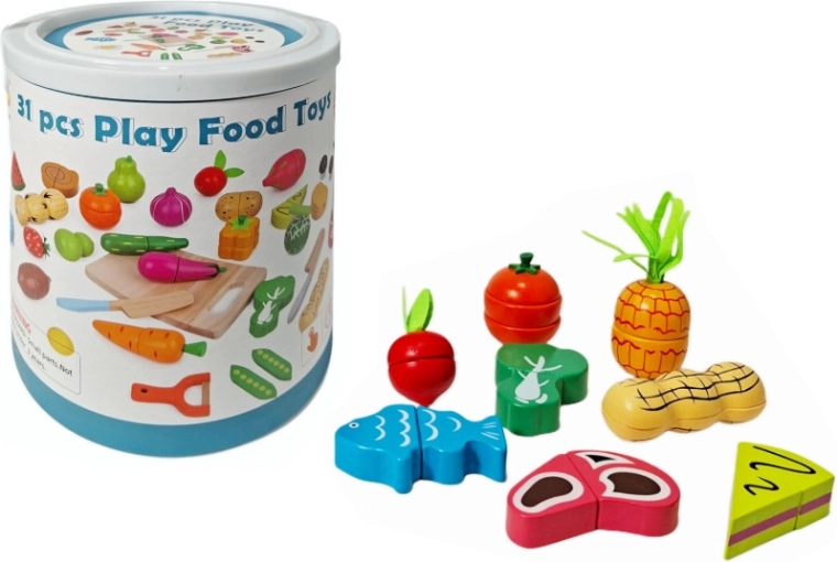 Frutas y verduras de madera para cortar en un cubo