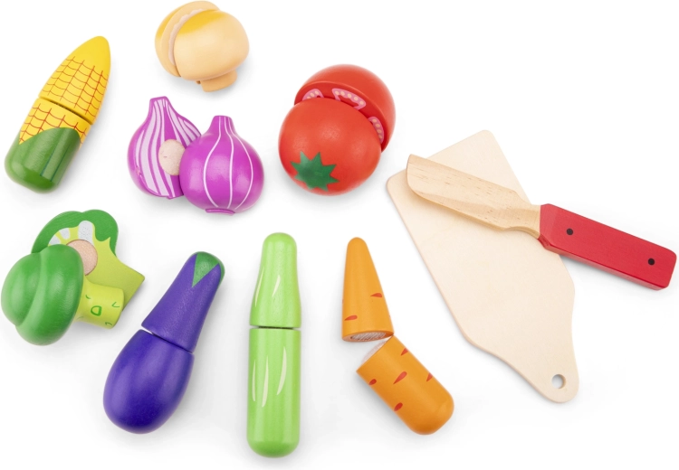 Set de madera para cortar verduras con cesta