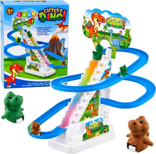 Pista interactiva de dinosaurios con tobogán, escalones móviles, luces y música