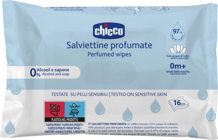 Toallitas húmedas infantiles Chicco suavemente perfumadas para el bolso 16 uds