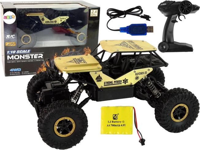 Coche RC todoterreno 1:18 negro y dorado con ruedas altas