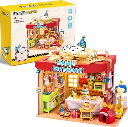 Puremind rompecabezas modelo 3D de madera Peanuts Birthday Party SNOOPY con LED