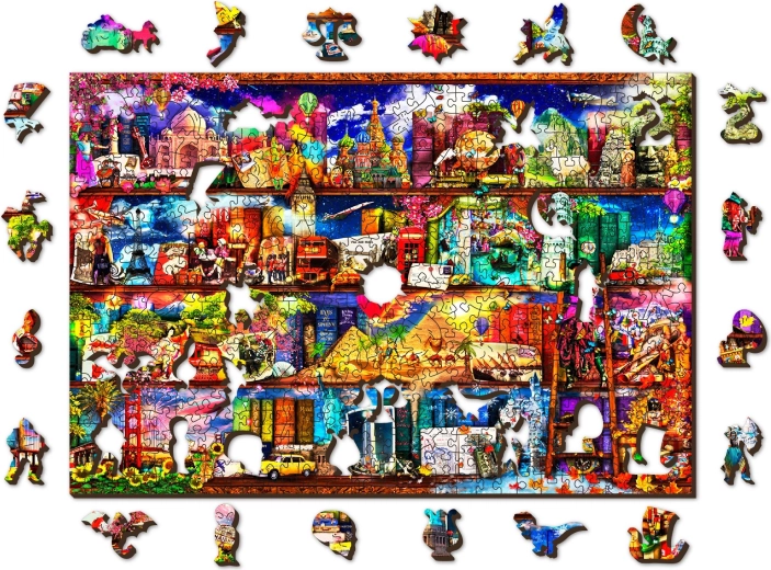 Puzzle de madera de doble cara WOODEN CITY – estantería de libros de viajes, 505 piezas