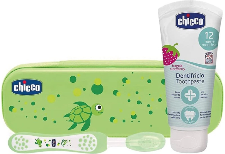 Chicco set de cepillo de dientes y pasta con flúor en estuche Always Smiling, verde, 12m+