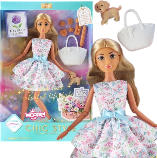 Woopie Royal muñeca Lily 30 cm – vestido de primavera, accesorios y perrito