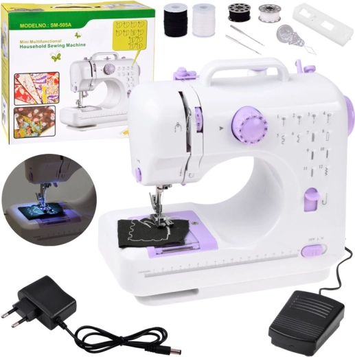 Mini máquina de coser para niños y principiantes, 12 puntadas, pedal, LED