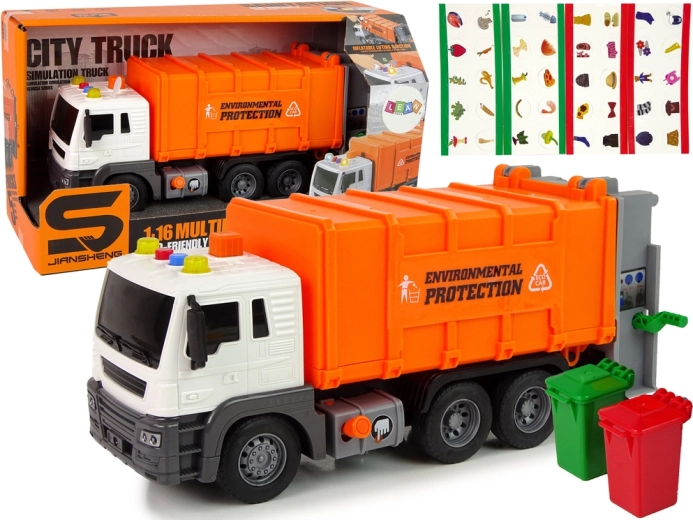 Camión de basura naranja 1:16 con tracción por fricción y efectos de sonido
