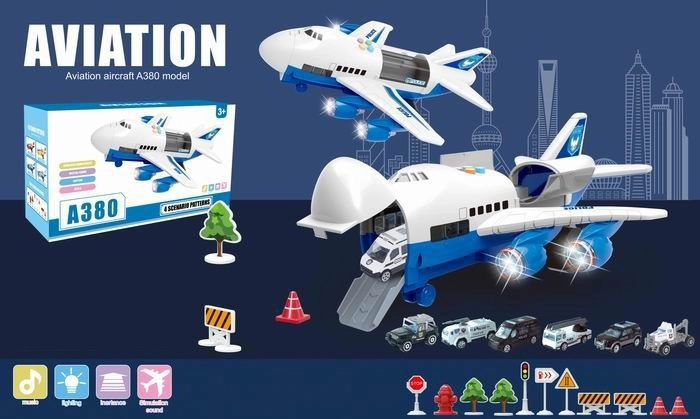 Avión A380 con coches de policía y efectos luminosos y sonoros