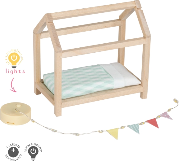 Cama de madera Lundby con forma de casita y luces para casa de muñecas