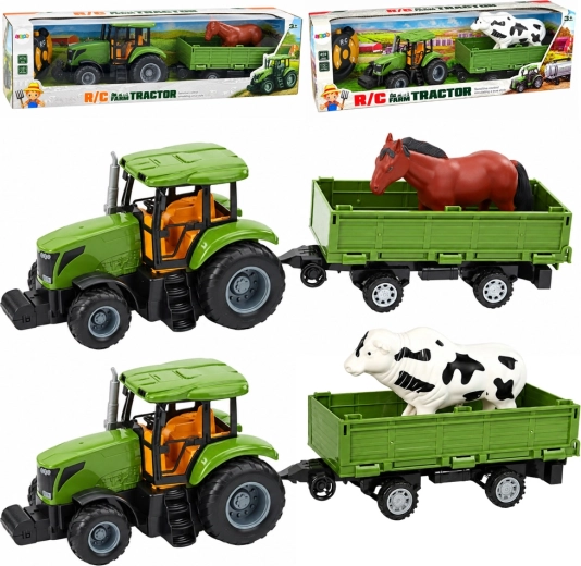 Tractor verde con remolque y caballo por control remoto