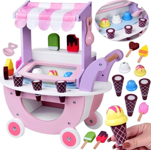 Puesto de helados de madera en tonos pastel con ruedas y 8 tipos de helado