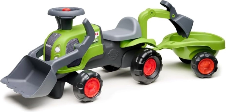 Correpasillos tractor FALK CLAAS con pala delantera, excavadora trasera y remolque