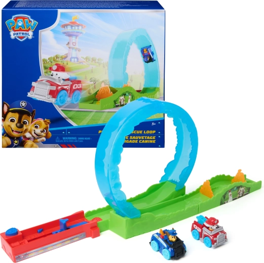 PAW Patrol Pup Squad Rescue Loop – pista de carreras con bucle, lanzador y cochecitos de Chase y Marshall