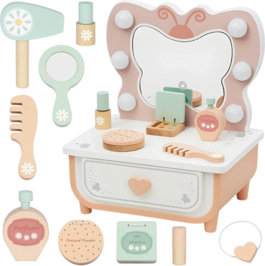 Tocador de madera con espejo de mariposa y luces + accesorios cosméticos TOOKY TOY