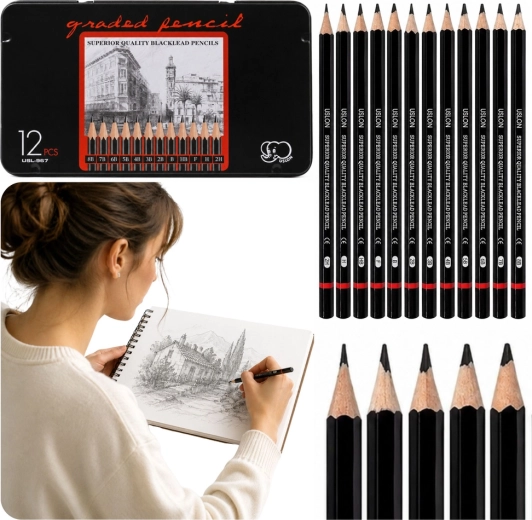 Set profesional de lápices para bocetos en caja metálica (12 uds)