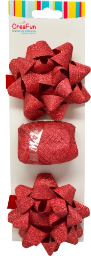 Set de envoltorio de regalo brillante rojo con cinta y lazos en forma de estrella