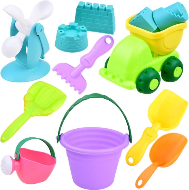 Set de juguetes de arena con cubo de colores y cochecito