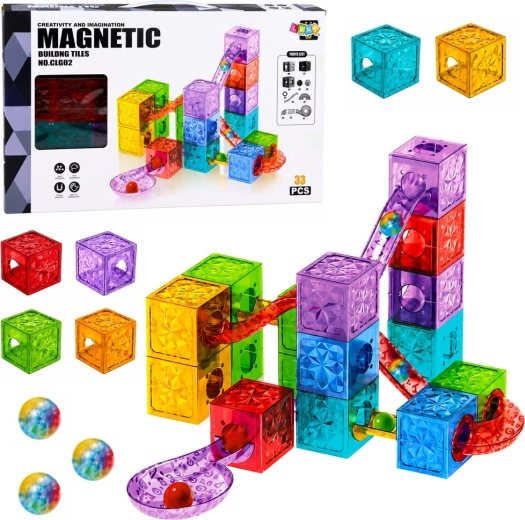Construcción magnética – cubos transparentes de colores con pista de canicas (33 piezas)