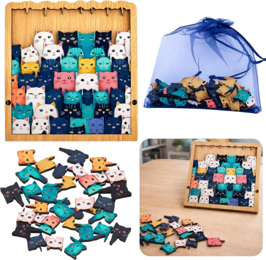 Puzle de madera de gatitos: rompecabezas lógico educativo con marco y bolsa, 62 piezas