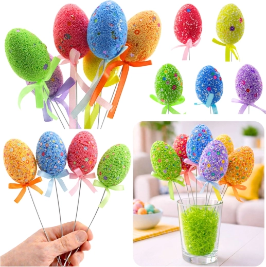 Huevos de Pascua en alambre con motivos de colores y cinta - 6 uds.