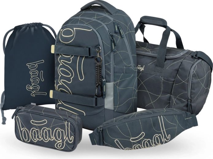 Set escolar Baagl de 5 piezas Skate Max Wave – mochila, estuche, bolsa, bolsa deportiva y riñonera (GRS)