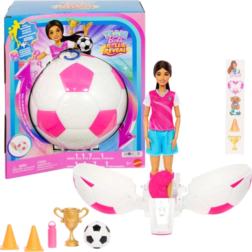 Mattel Barbie Team Roll and Reveal futbolista con accesorios