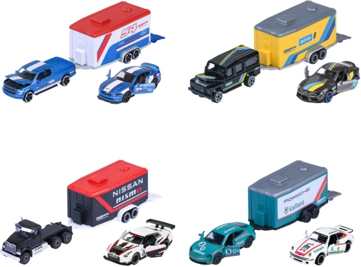 Coche de carreras con remolque de transporte