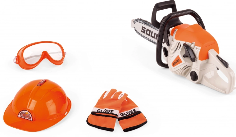 Motosierra con efectos 35 cm – set infantil con casco y gafas