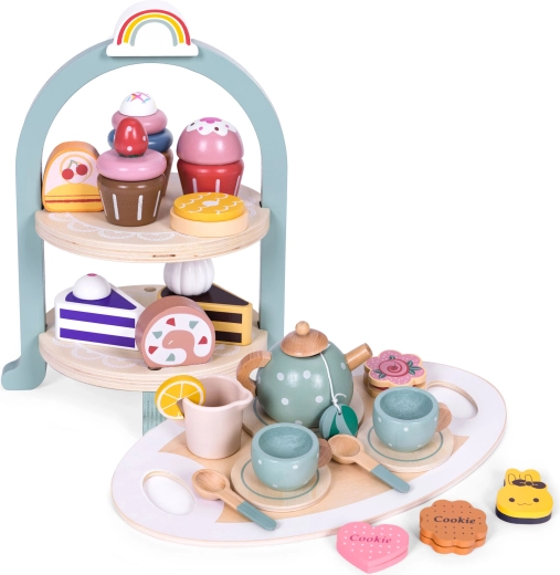 Juego infantil de té de madera con pasteles