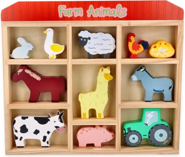 Set de animales de granja de madera en marco