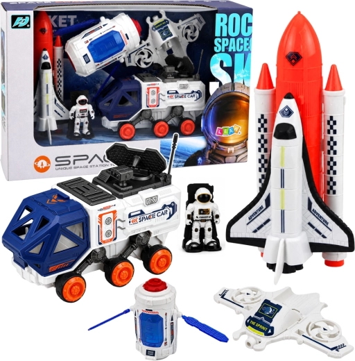 Set espacial con cohete, transbordador, satélite, dron, astronauta y vehículo