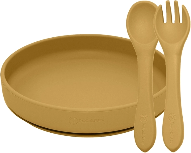 Set de alimentación de silicona Petite&Mars Take&Match: plato y cubiertos, intense ochre 6m+