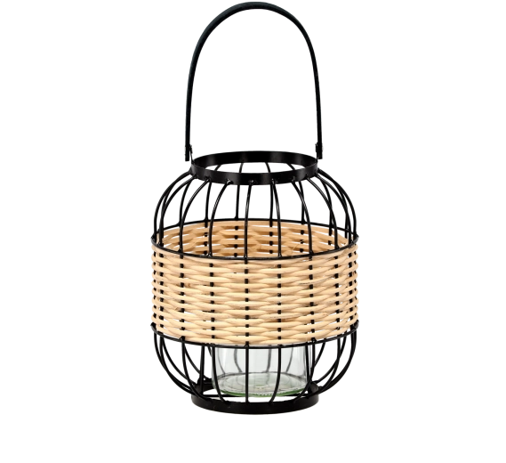 Farol de metal y madera con inserto de vidrio, altura 24/39 cm