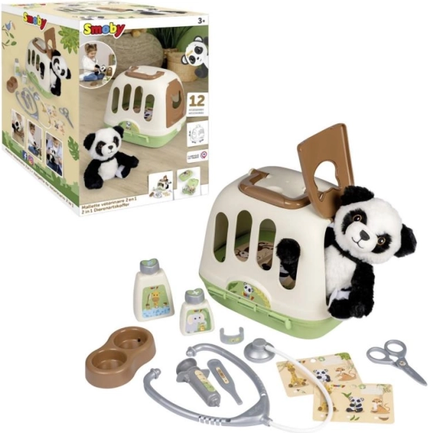 Set veterinario infantil 2 en 1 con panda de peluche y transportín