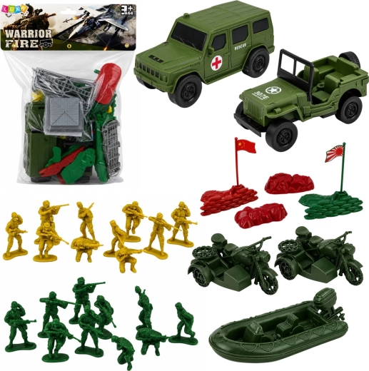 Set de juego militar con soldados, vehículos y base, 46 piezas