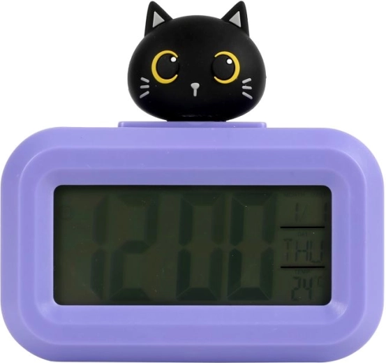 Despertador digital morado con gatita