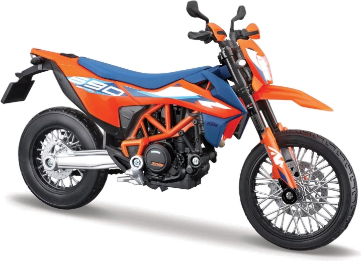 Modelo de motocicleta Maisto 1:12 KTM 690 SMC R (2023) con soporte – naranja-azul
