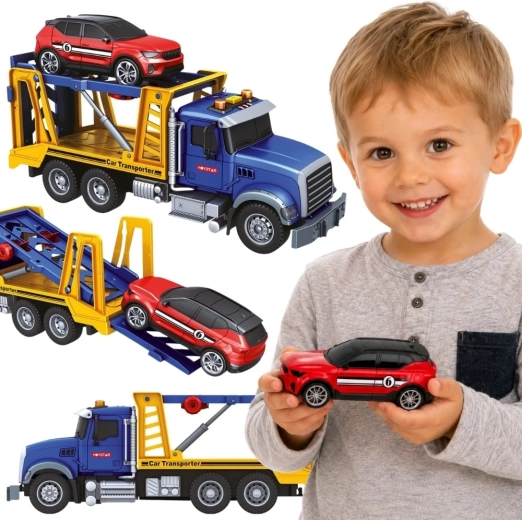 Camión grúa Woopie con transportador y coche con luces y sonidos, escala 1:14