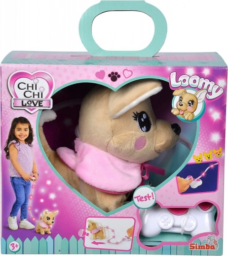 Perrito de peluche interactivo CHI CHI LOVE Loomy con correa luminosa y control remoto, 18 cm